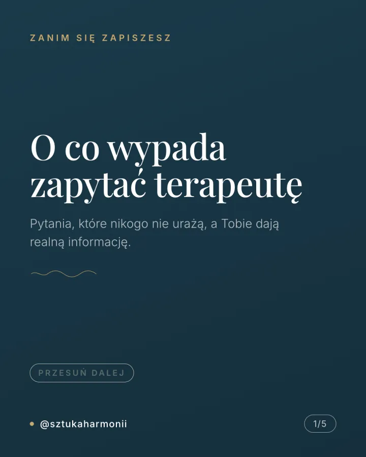 Karuzela pięciu grafik z pytaniami, które warto zadać terapeucie przed rozpoczęciem współpracy, wyjaśnieniem czym jest superwizja i informacją o ustawie o zawodzie psychologa. Slajd 1.