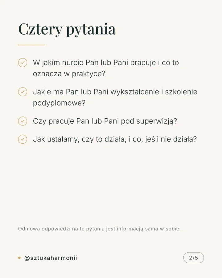 Karuzela pięciu grafik z pytaniami, które warto zadać terapeucie przed rozpoczęciem współpracy, wyjaśnieniem czym jest superwizja i informacją o ustawie o zawodzie psychologa. Slajd 2.