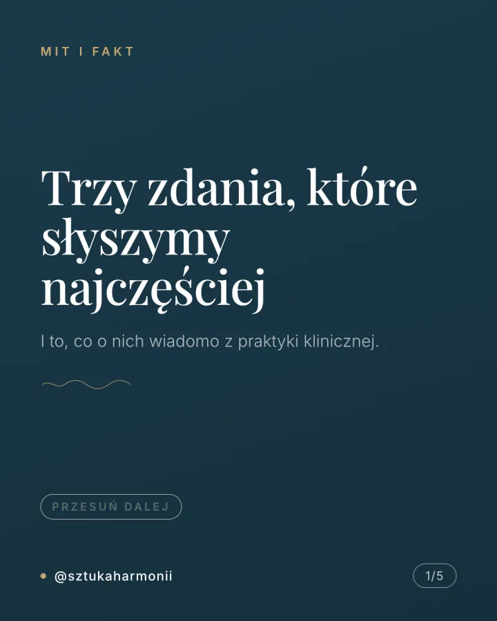 Karuzela pięciu grafik zestawiających trzy mity o psychoterapii z faktami: terapia nie tylko dla osób w kryzysie, terapeuta nie wydaje poleceń, czas pracy ustalany jest indywidualnie. Slajd 1.