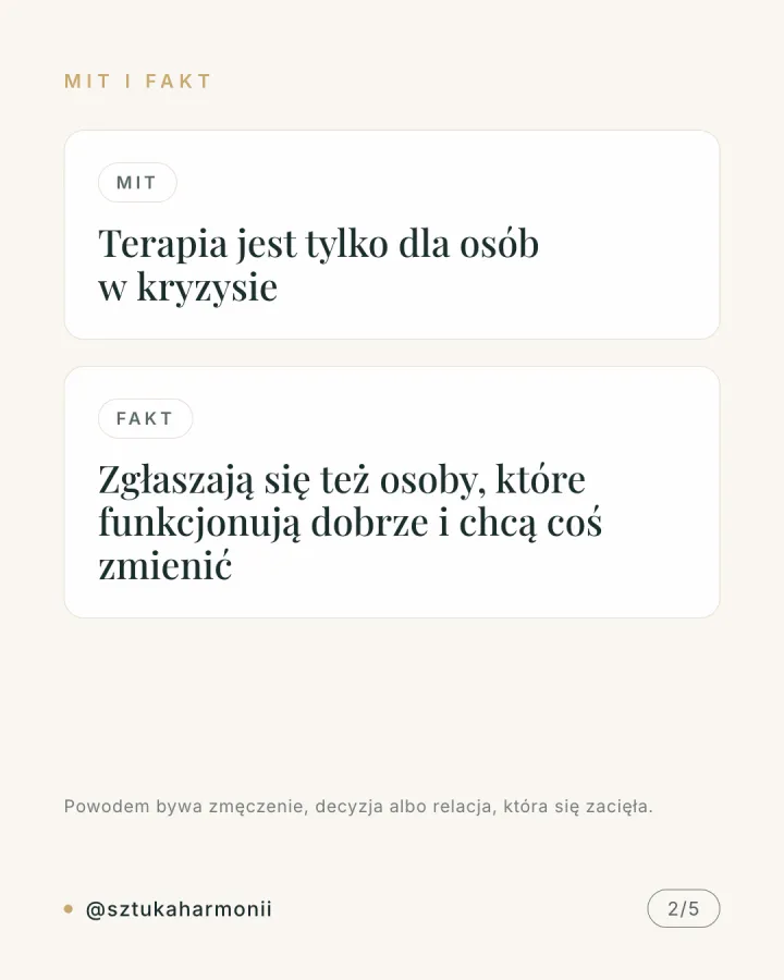 Karuzela pięciu grafik zestawiających trzy mity o psychoterapii z faktami: terapia nie tylko dla osób w kryzysie, terapeuta nie wydaje poleceń, czas pracy ustalany jest indywidualnie. Slajd 2.