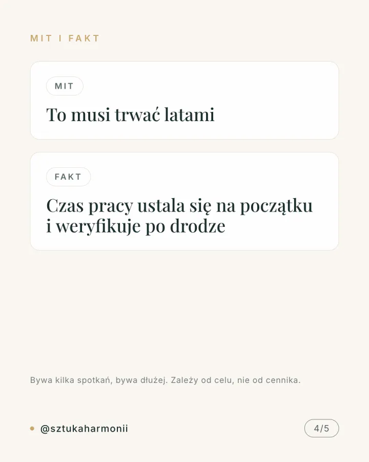 Karuzela pięciu grafik zestawiających trzy mity o psychoterapii z faktami: terapia nie tylko dla osób w kryzysie, terapeuta nie wydaje poleceń, czas pracy ustalany jest indywidualnie. Slajd 4.