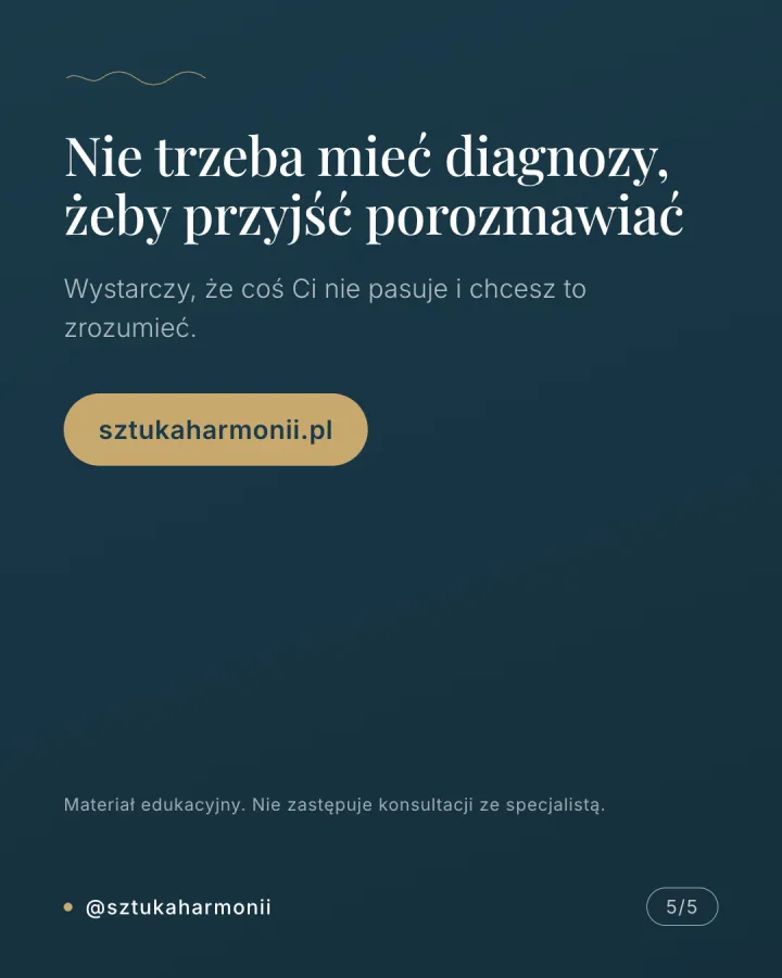 Karuzela pięciu grafik zestawiających trzy mity o psychoterapii z faktami: terapia nie tylko dla osób w kryzysie, terapeuta nie wydaje poleceń, czas pracy ustalany jest indywidualnie. Slajd 5.