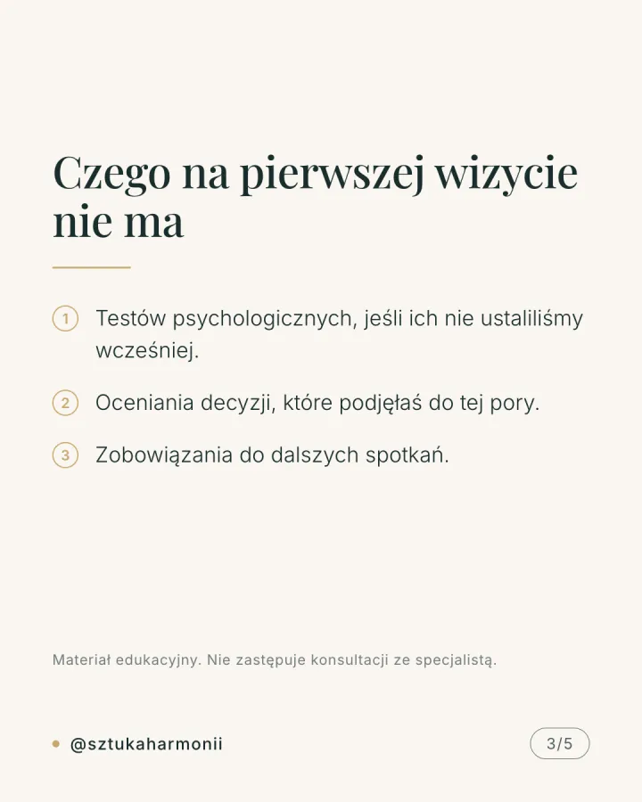 Karuzela pięciu grafik w kolorze morskiej zieleni i złota opisująca przebieg pierwszej wizyty w centrum psychologicznym: 50 minut rozmowy, doprecyzowanie problemu, ustalenie planu, lista rzeczy do przygotowania. Slajd 3.