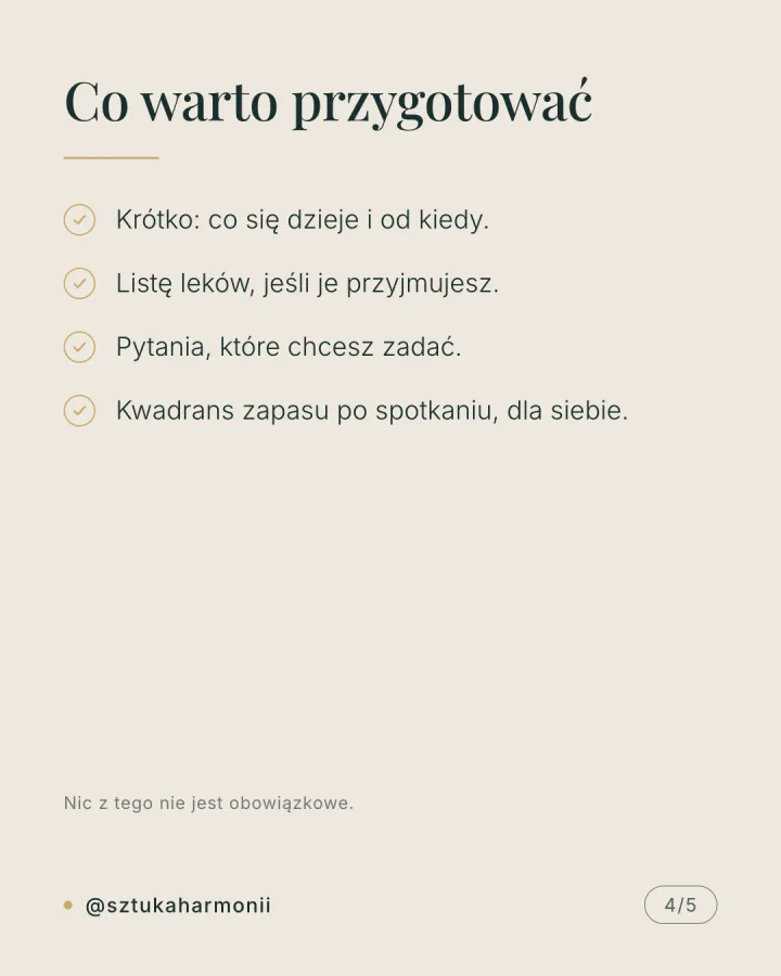 Karuzela pięciu grafik w kolorze morskiej zieleni i złota opisująca przebieg pierwszej wizyty w centrum psychologicznym: 50 minut rozmowy, doprecyzowanie problemu, ustalenie planu, lista rzeczy do przygotowania. Slajd 4.