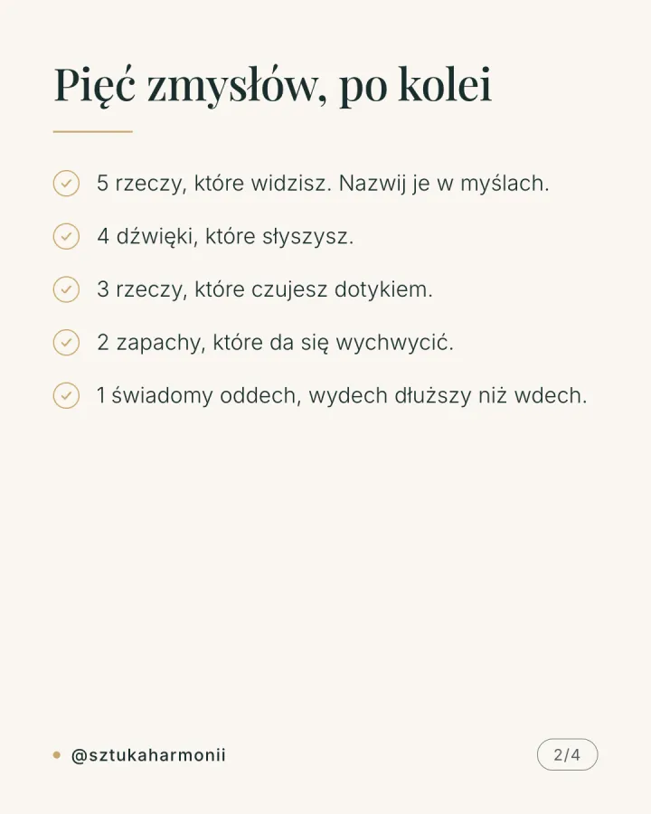 Karuzela czterech grafik opisujących technikę uziemiania 5-4-3-2-1: pięć rzeczy widzianych, cztery dźwięki, trzy doznania dotykowe, dwa zapachy, jeden oddech, wraz z wyjaśnieniem mechanizmu i informacją, kiedy szukać pomocy. Slajd 2.