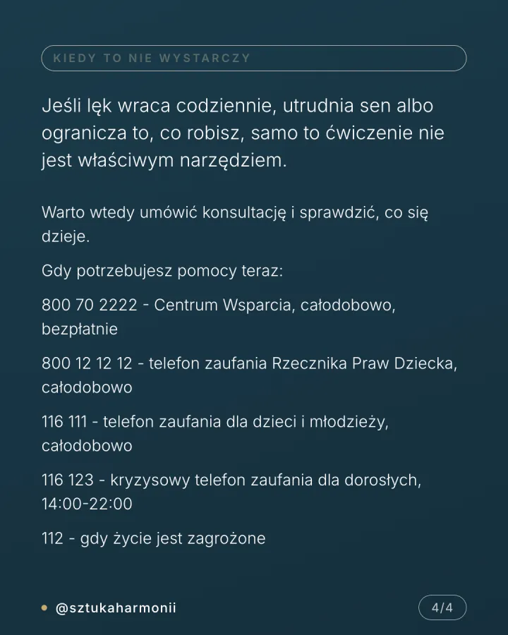 Karuzela czterech grafik opisujących technikę uziemiania 5-4-3-2-1: pięć rzeczy widzianych, cztery dźwięki, trzy doznania dotykowe, dwa zapachy, jeden oddech, wraz z wyjaśnieniem mechanizmu i informacją, kiedy szukać pomocy. Slajd 4.