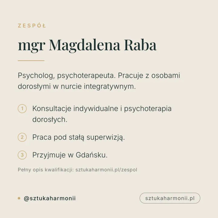 Kwadratowa grafika w kolorze kremowym z tytułem zawodowym, nurtem pracy i zakresem świadczeń psycholog Magdaleny Raby.
