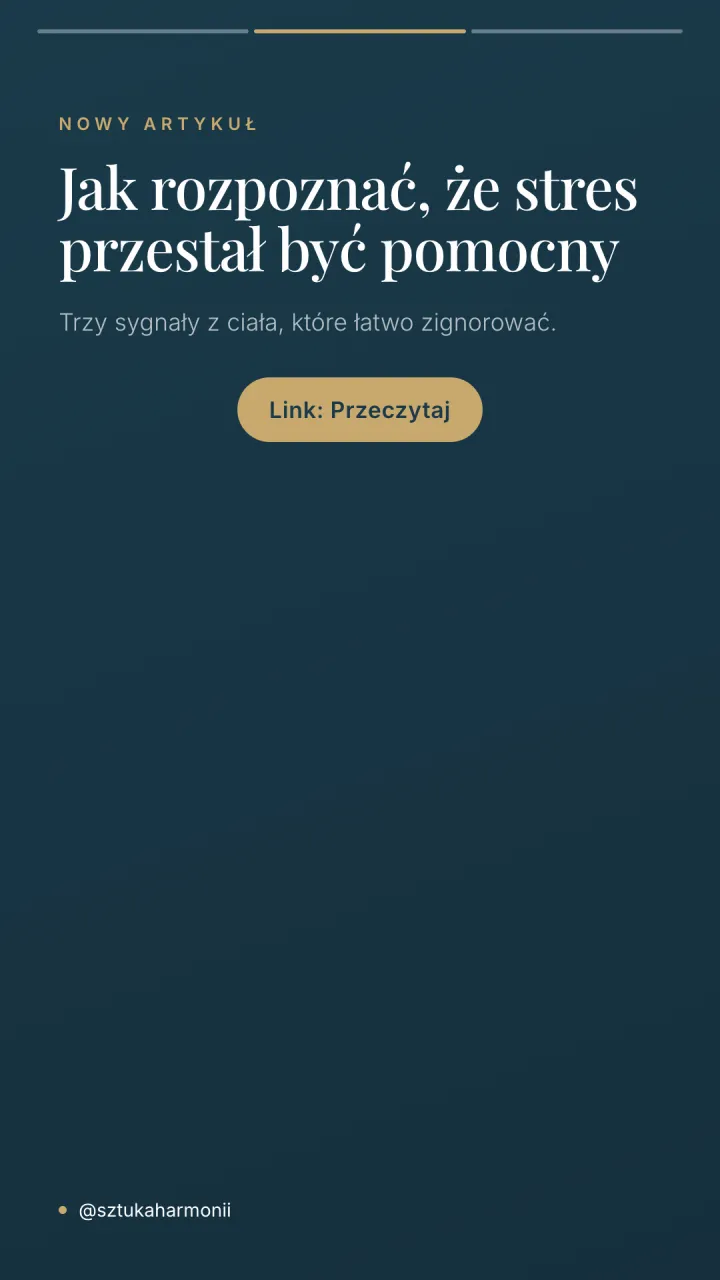 Pionowa relacja zapowiadająca artykuł o sygnałach przewlekłego stresu z naklejką linku.