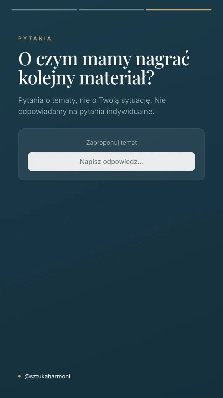 Pionowa relacja z naklejką pytania, w której można zaproponować temat kolejnego materiału.