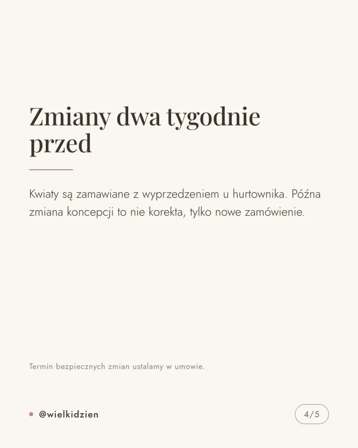 Karuzela pięciu grafik na kremowym tle wyjaśniających trzy najczęstsze przyczyny przekroczenia budżetu dekoracji ślubnych: kwiaty poza sezonem, dekorowanie każdego kąta, późne zmiany koncepcji. Slajd 4.
