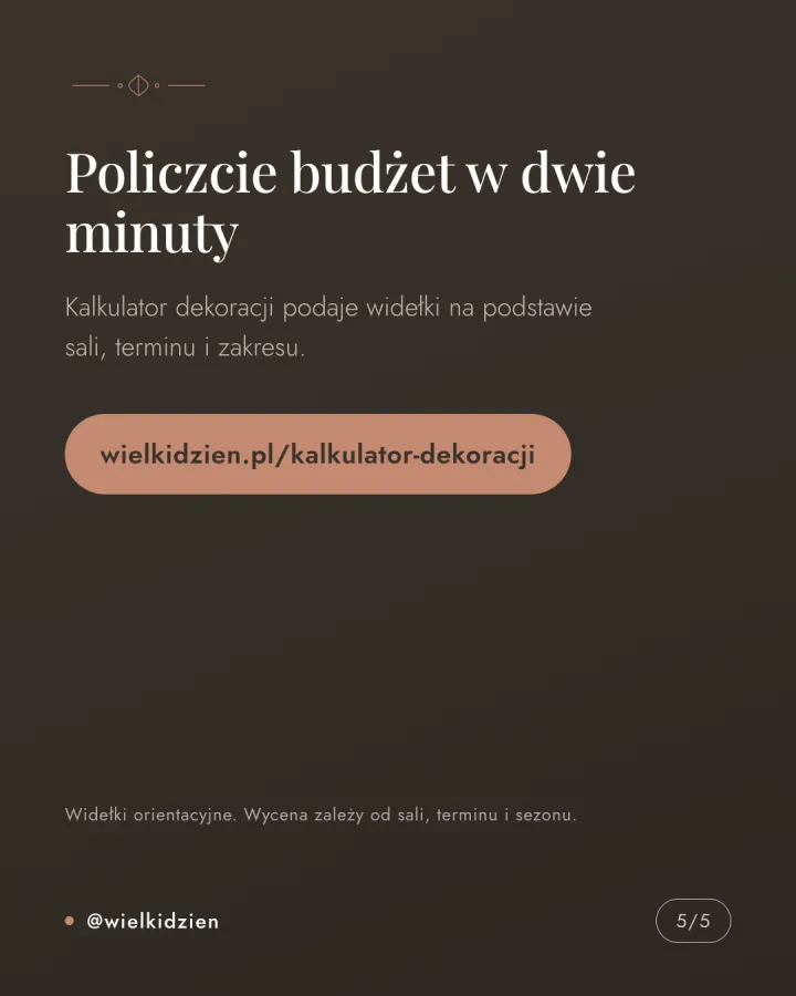 Karuzela pięciu grafik na kremowym tle wyjaśniających trzy najczęstsze przyczyny przekroczenia budżetu dekoracji ślubnych: kwiaty poza sezonem, dekorowanie każdego kąta, późne zmiany koncepcji. Slajd 5.