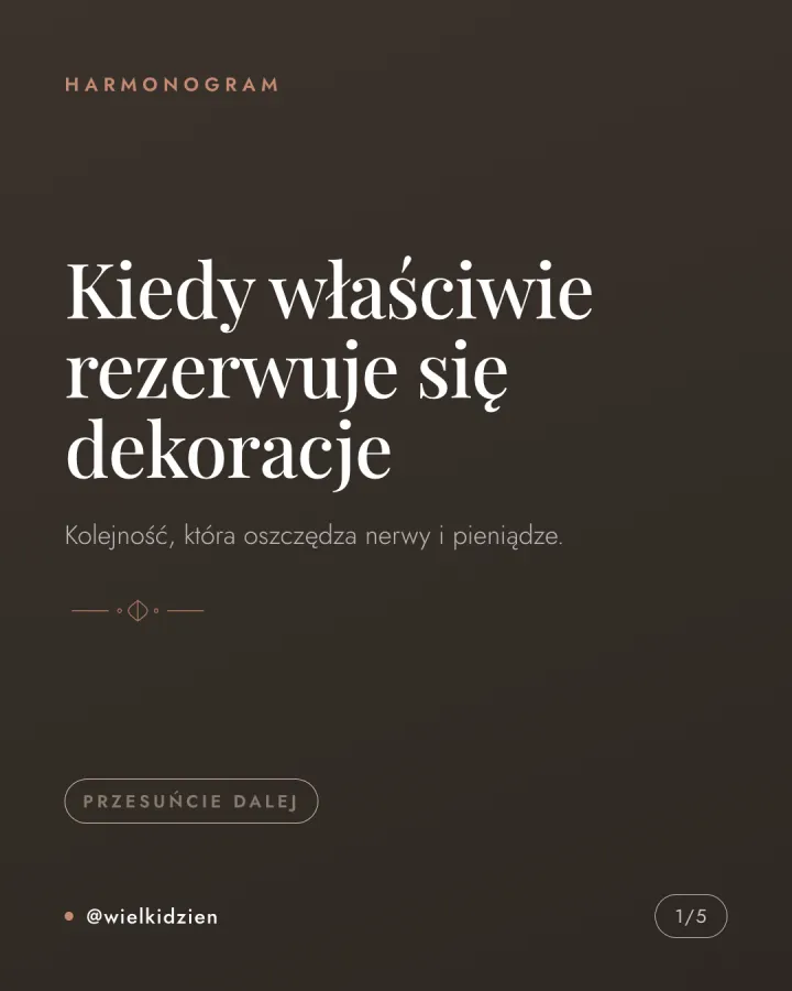 Karuzela pięciu grafik z harmonogramem rezerwacji usług ślubnych: sala i data, fotograf, dekoracje osiem do dwunastu miesięcy wcześniej, lista rzeczy na pierwsze spotkanie. Slajd 1.