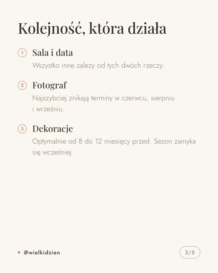 Karuzela pięciu grafik z harmonogramem rezerwacji usług ślubnych: sala i data, fotograf, dekoracje osiem do dwunastu miesięcy wcześniej, lista rzeczy na pierwsze spotkanie. Slajd 2.