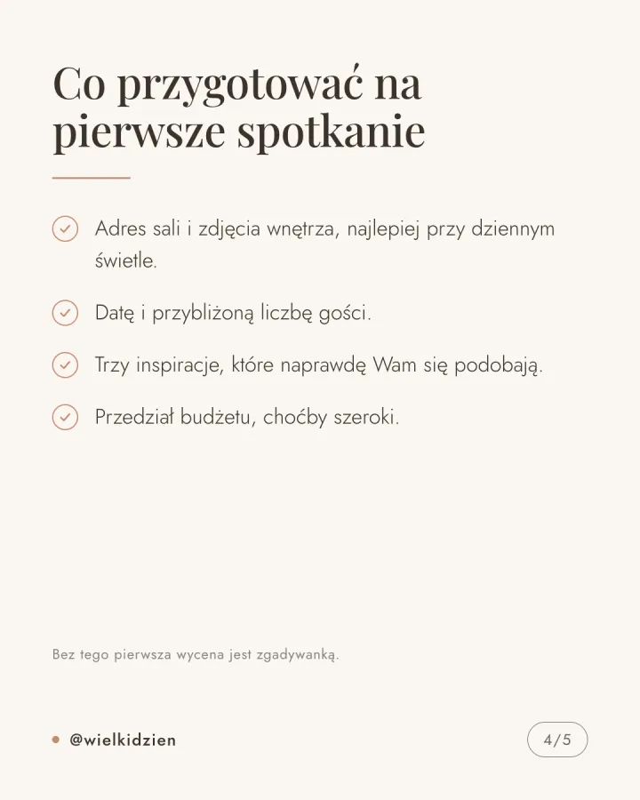 Karuzela pięciu grafik z harmonogramem rezerwacji usług ślubnych: sala i data, fotograf, dekoracje osiem do dwunastu miesięcy wcześniej, lista rzeczy na pierwsze spotkanie. Slajd 4.