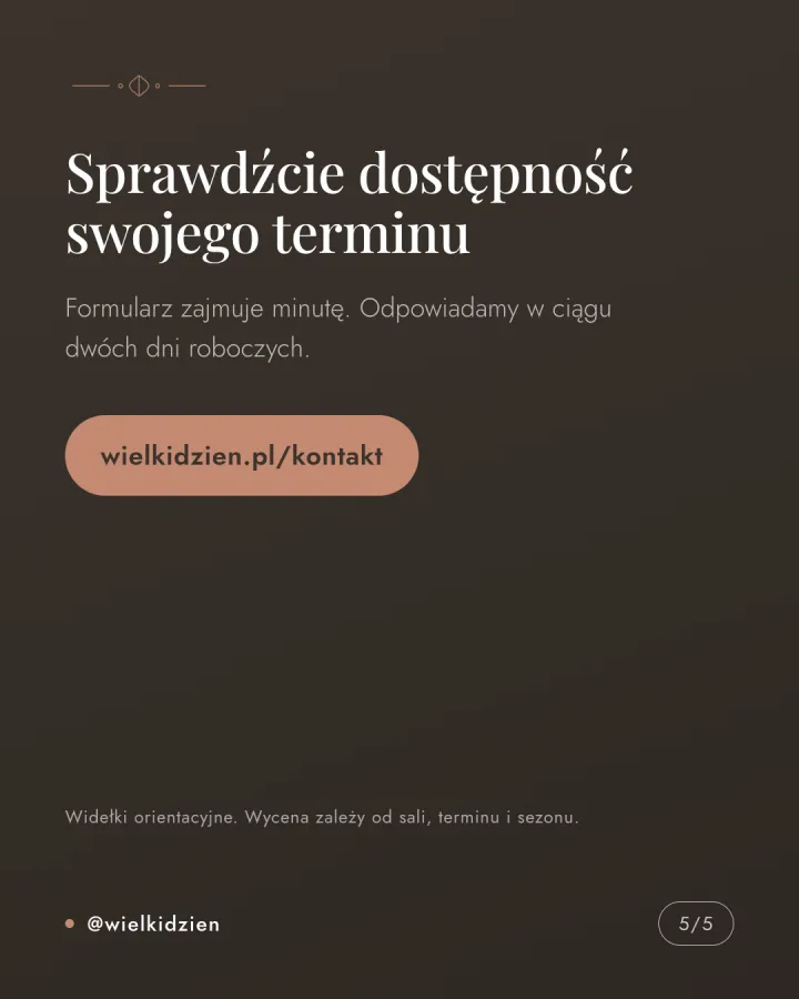 Karuzela pięciu grafik z harmonogramem rezerwacji usług ślubnych: sala i data, fotograf, dekoracje osiem do dwunastu miesięcy wcześniej, lista rzeczy na pierwsze spotkanie. Slajd 5.