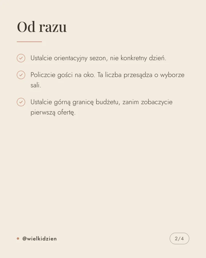 Karuzela czterech grafik z listą rzeczy do zrobienia w pierwszym tygodniu po zaręczynach i listą decyzji, które mogą poczekać. Slajd 2.