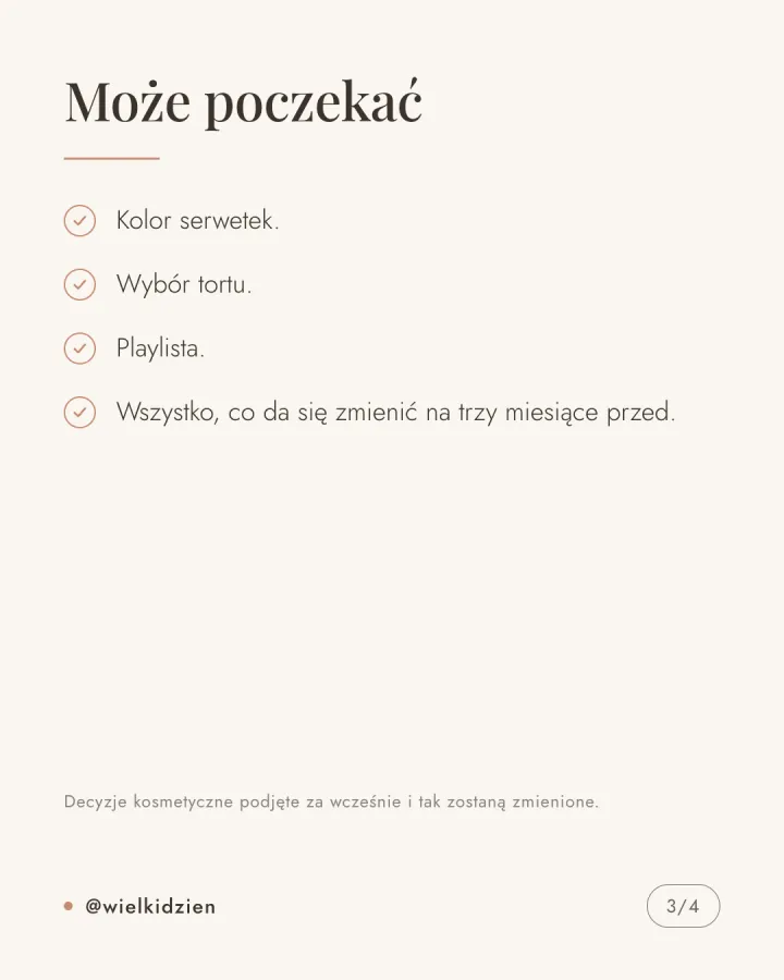 Karuzela czterech grafik z listą rzeczy do zrobienia w pierwszym tygodniu po zaręczynach i listą decyzji, które mogą poczekać. Slajd 3.