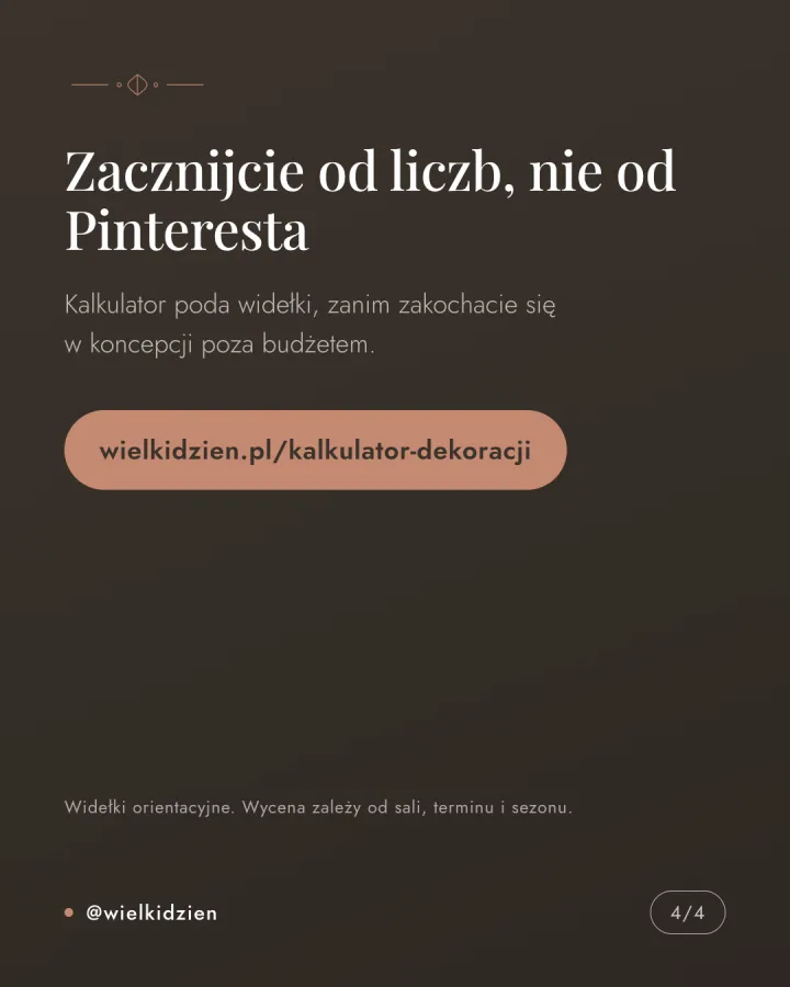Karuzela czterech grafik z listą rzeczy do zrobienia w pierwszym tygodniu po zaręczynach i listą decyzji, które mogą poczekać. Slajd 4.