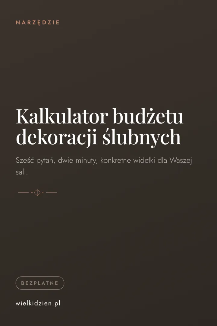 Pionowa grafika pinterestowa w ciemnym brązie z nazwą kalkulatora budżetu dekoracji ślubnych.