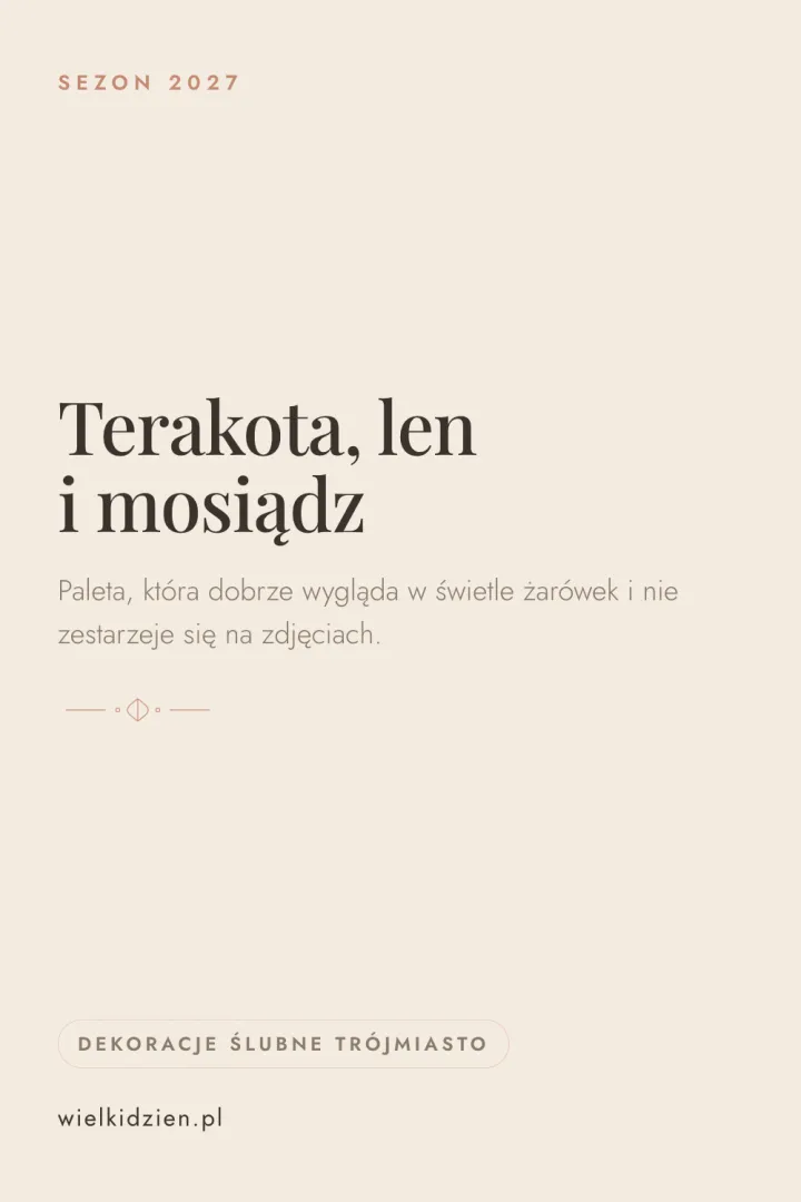 Pionowa grafika pinterestowa w odcieniach kremu i terakoty z nazwą palety kolorystycznej na sezon 2027.