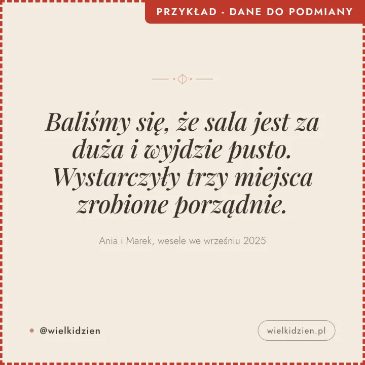 Jasna kwadratowa grafika z cytatem pary młodej o dekoracji dużej sali, podpisana imionami i datą wesela.