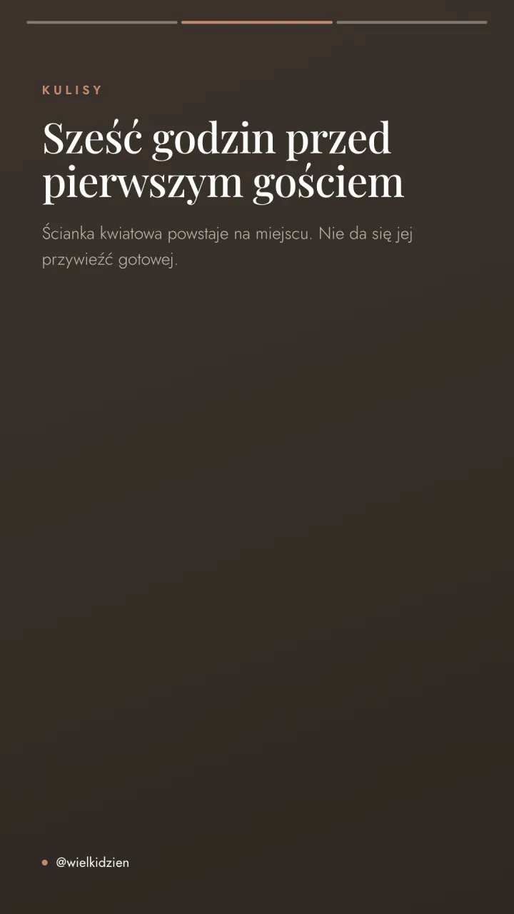 Pionowa relacja z napisem o sześciu godzinach pracy przed przyjściem pierwszego gościa.